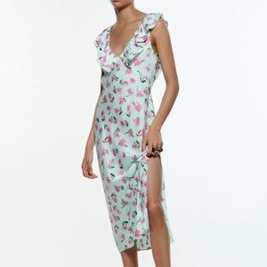 NWT | Zara - Teal and Pink Floral Midi Dress - Satin